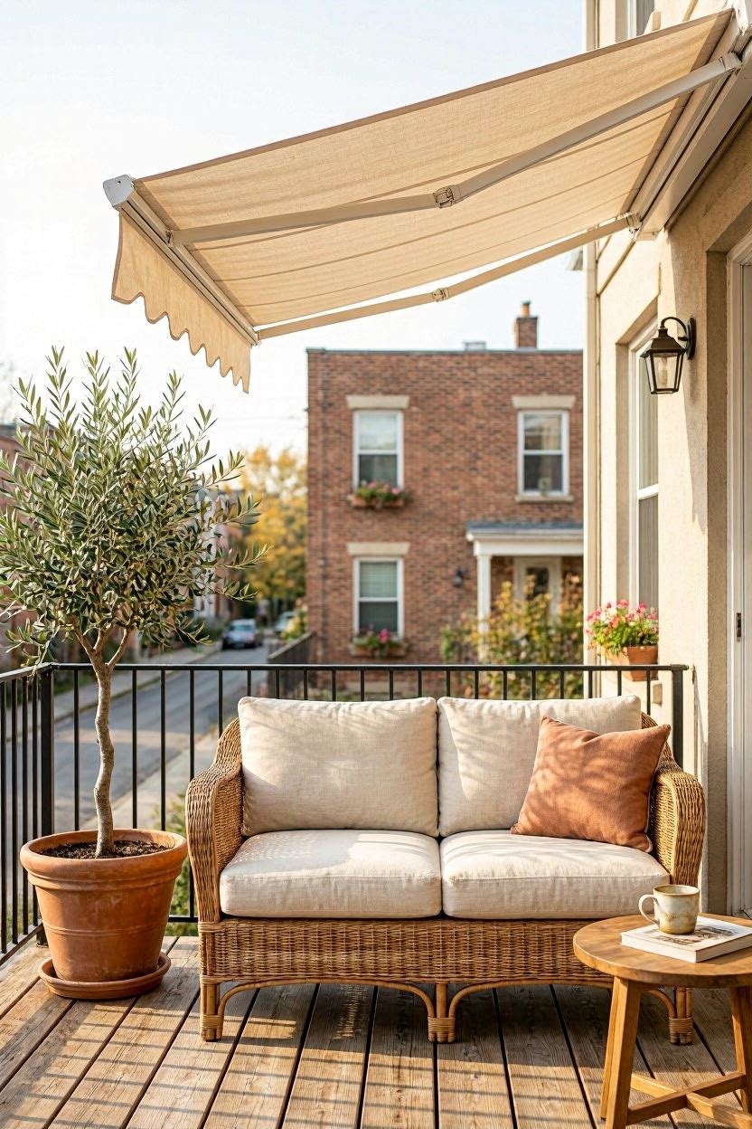 Stylish retractable awning over a modern apartment balcony with outdoor furniture