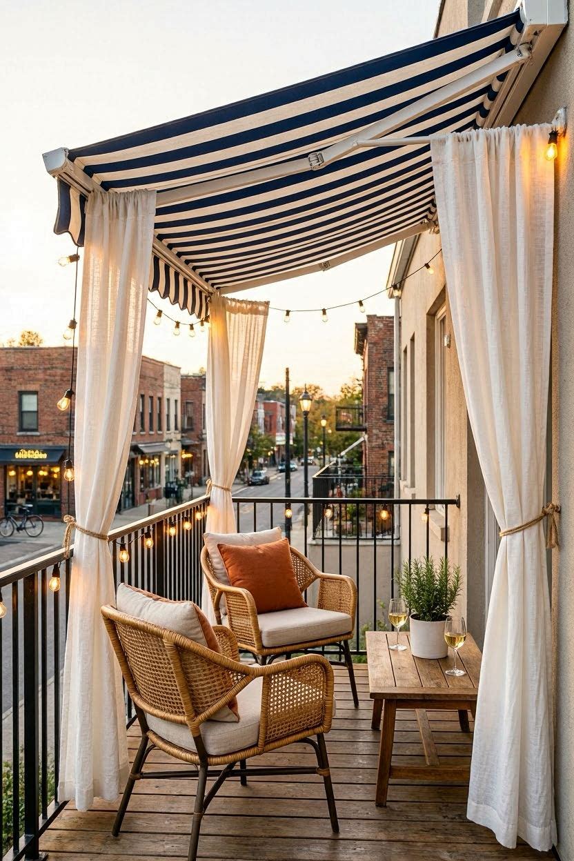 Balcony awning combined with white outdoor curtain side panels for privacy and shade