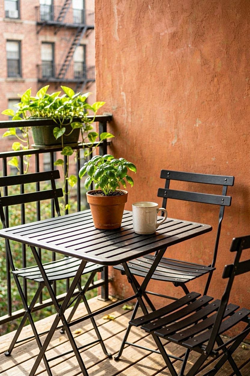 Space-saving foldable bistro set on a small apartment balcony with potted herbs nearby