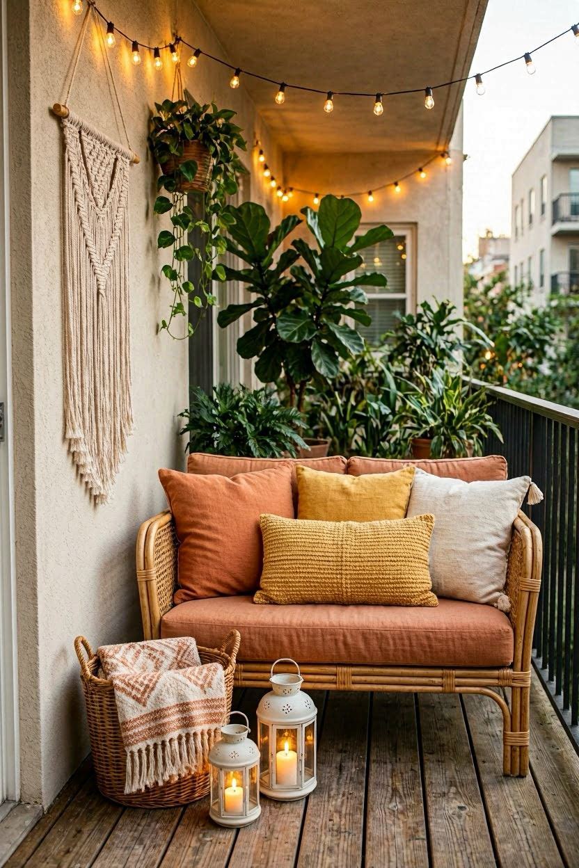 Boho balcony corner with layered throw pillows, lanterns, and hanging macrame on a wood plank wall