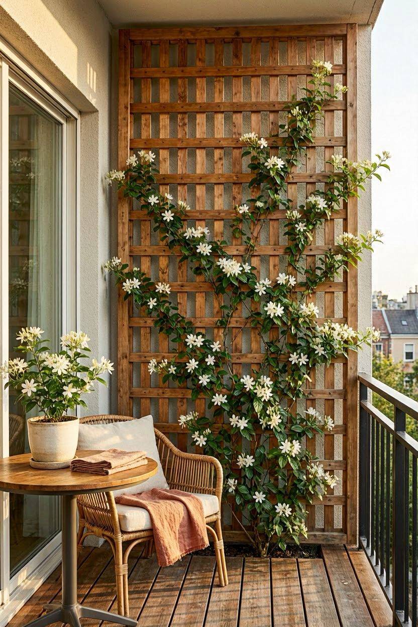 Tall cedar trellis panel used as a privacy screen on an apartment balcony