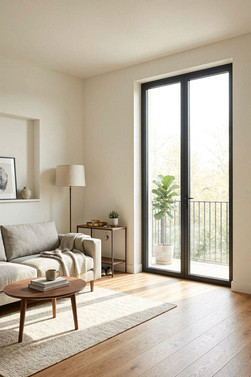 Balcony door with matte black frame and white walls in a modern living room