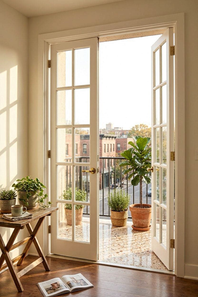 Elegant white French balcony doors opening onto a sunlit terrazzo balcony with potted plants