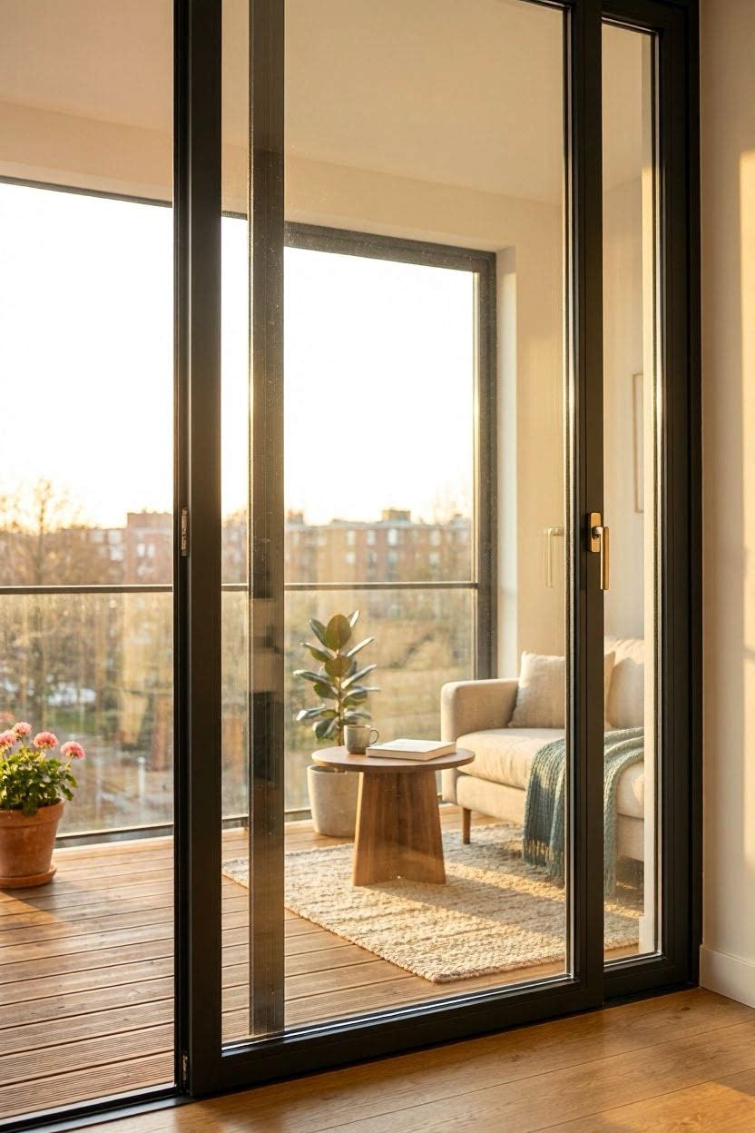 Close-up of double-pane low-E balcony door glass with warm natural light coming through
