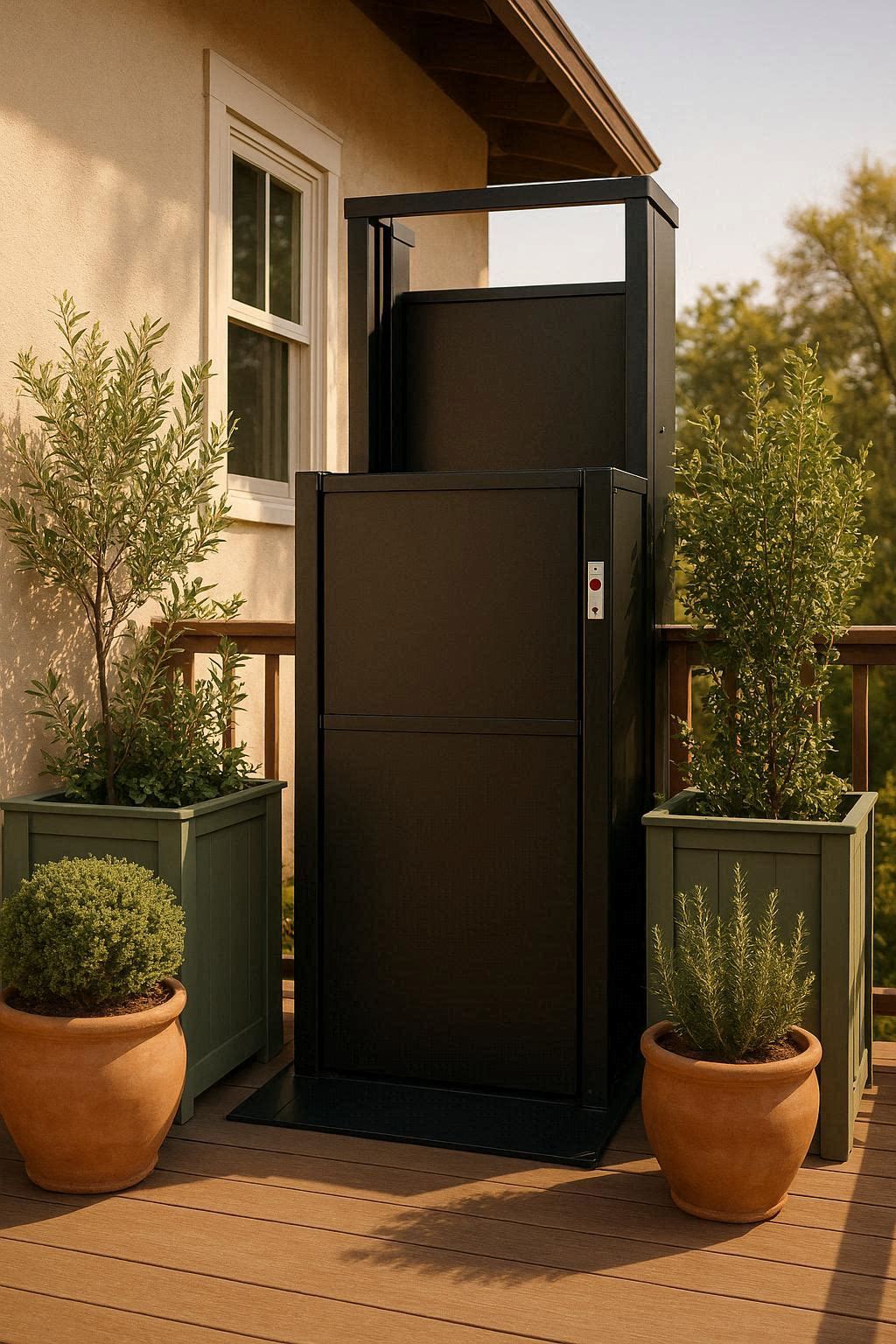 Balcony elevator in matte black finish matched to sage green and terracotta balcony decor