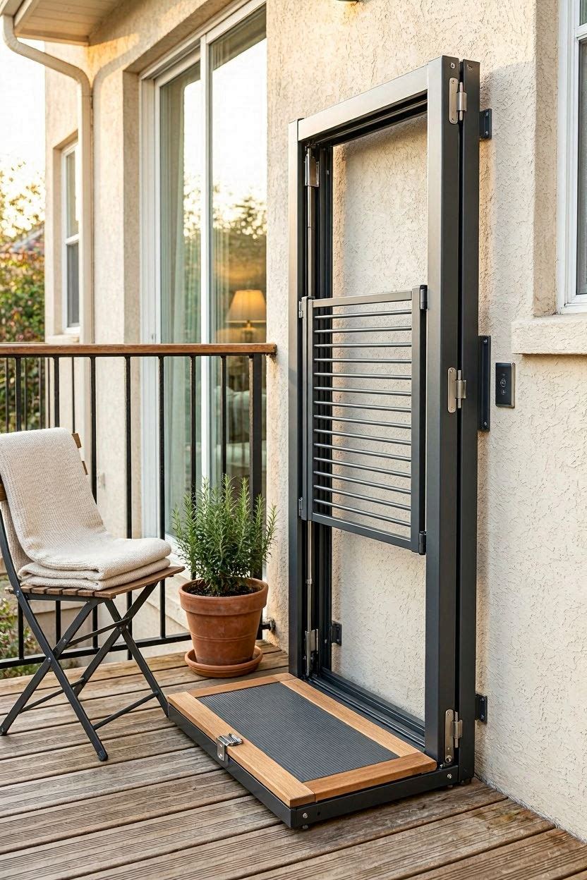 Compact foldable balcony elevator design for a small outdoor balcony