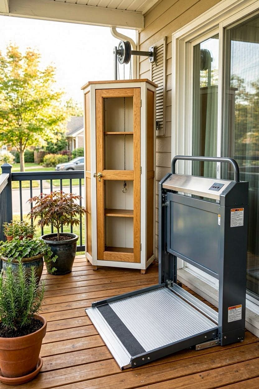 Comparison of balcony elevator design types including platform lift and pulley dumbwaiter