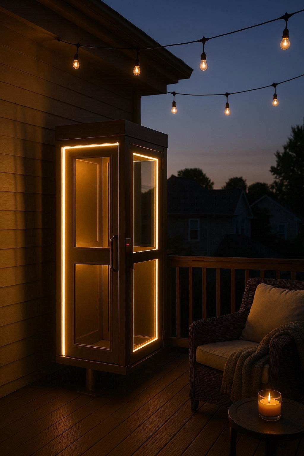 Balcony elevator design lit up at dusk with warm LED strip lighting