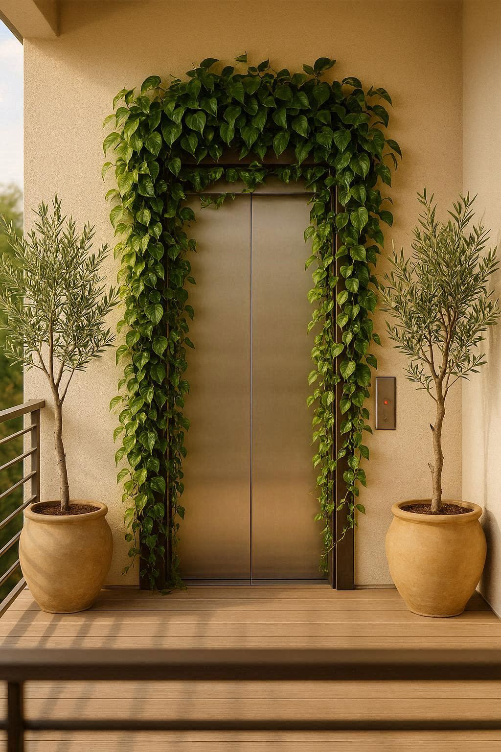 Trailing plants and potted greenery styled around a balcony elevator design