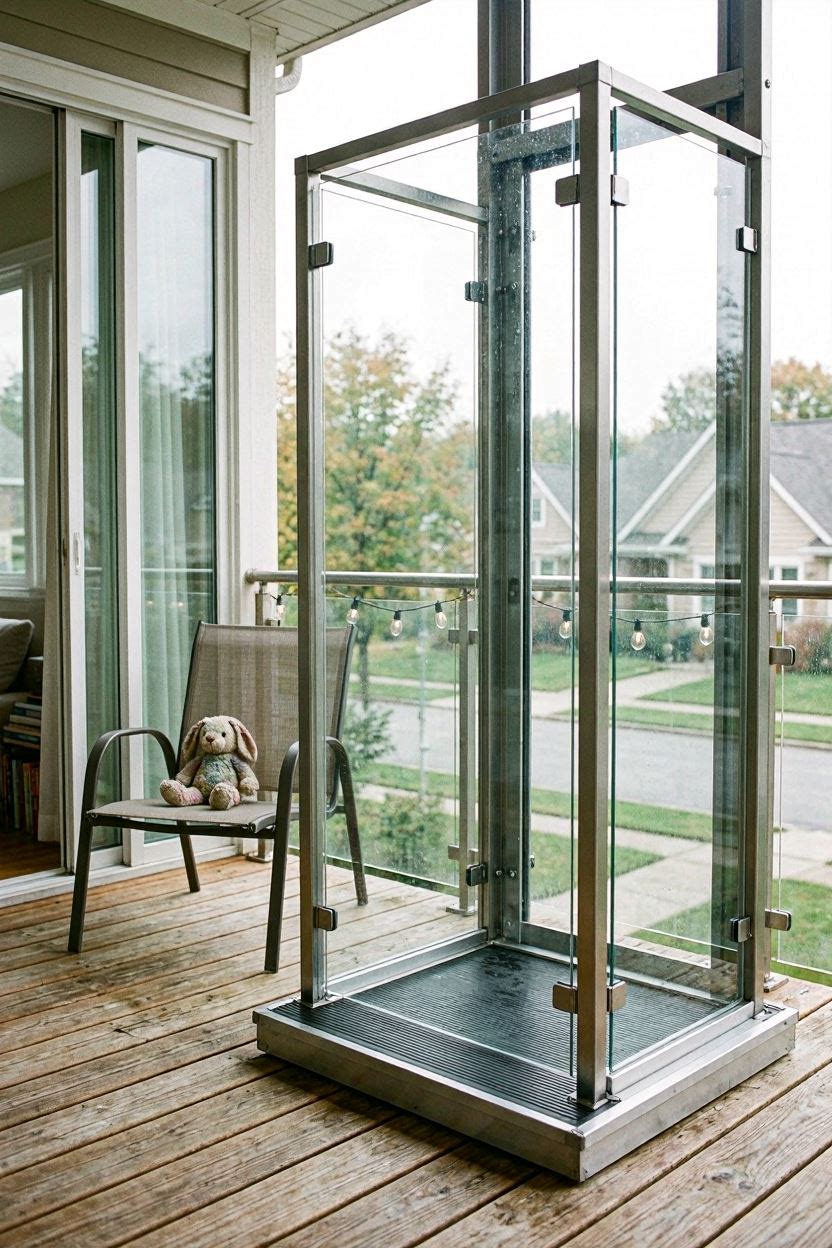 Balcony elevator design with glass safety railing and non-slip platform flooring
