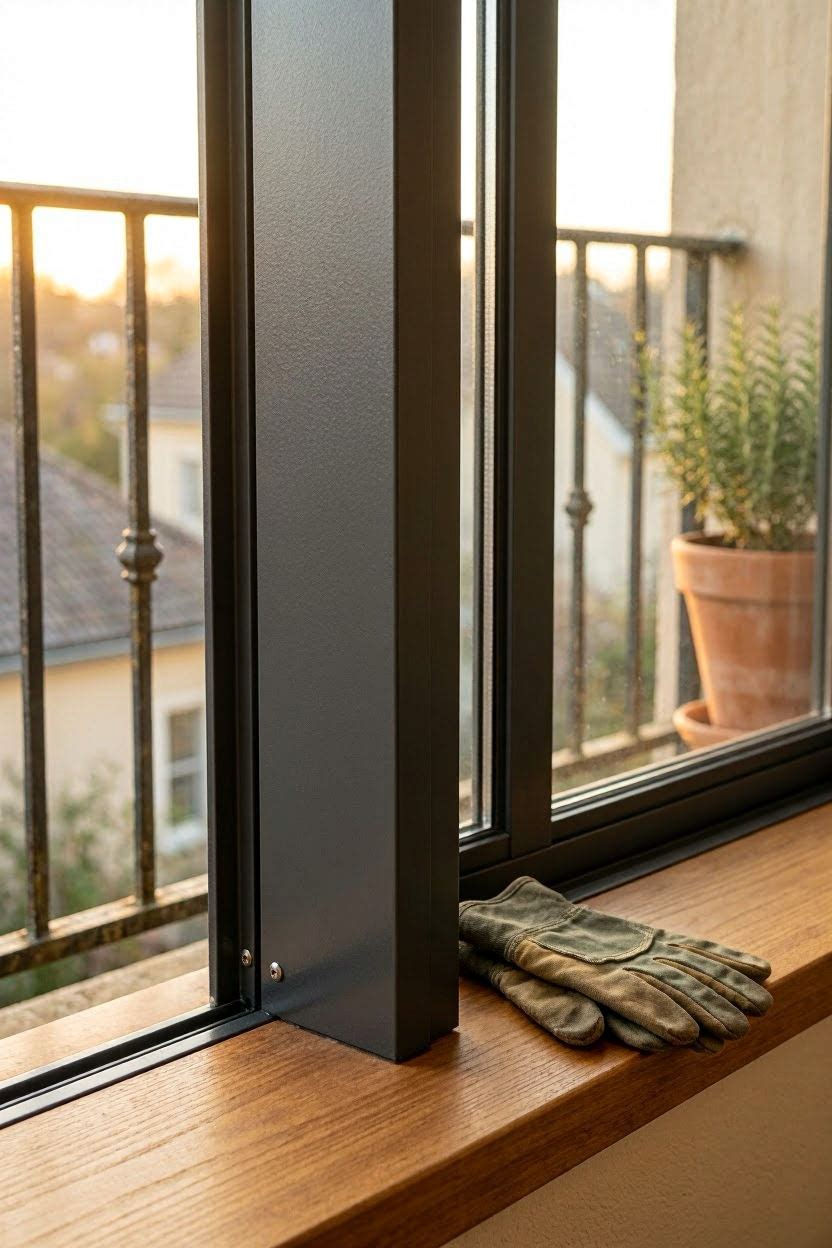 Balcony elevator frame finished in powder-coated aluminum with teak wood accents