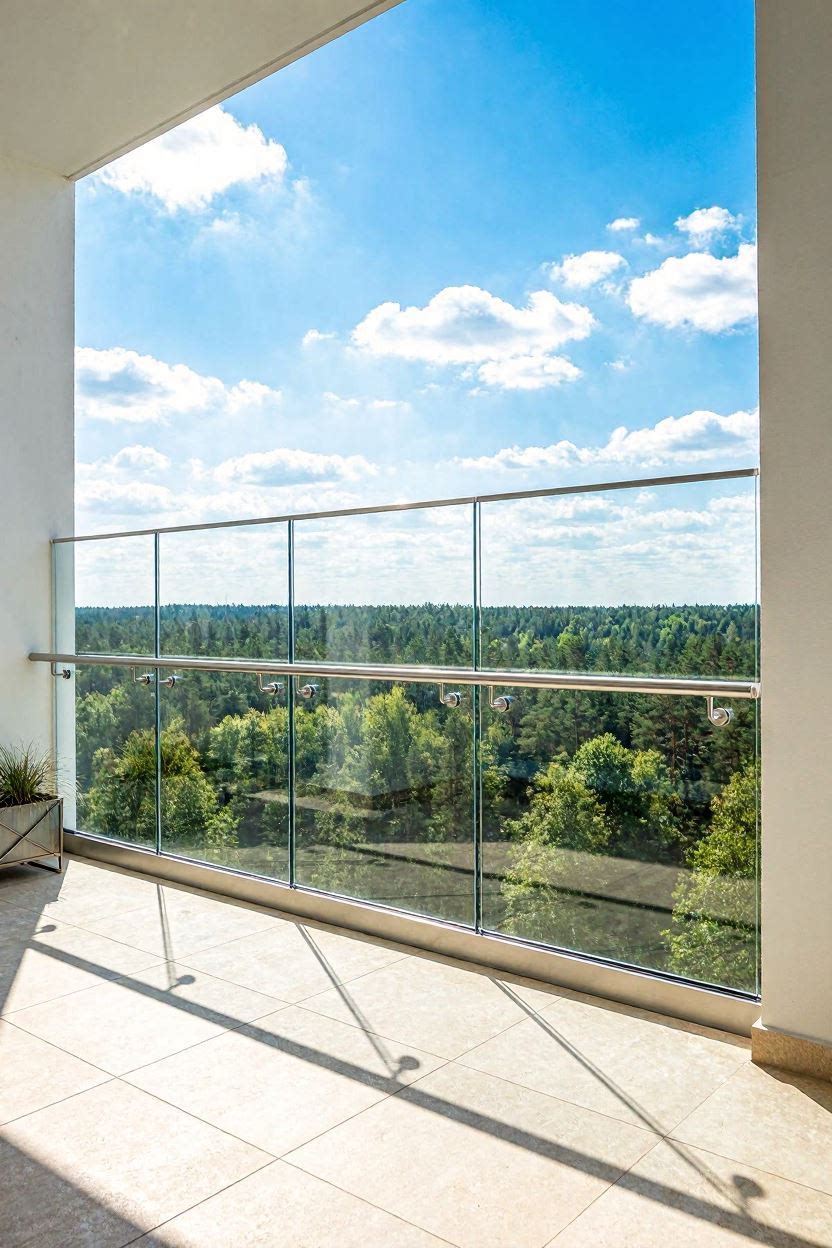 Luxury apartment balcony with full frameless glass railing panels and stainless steel posts overlooking a green landscape