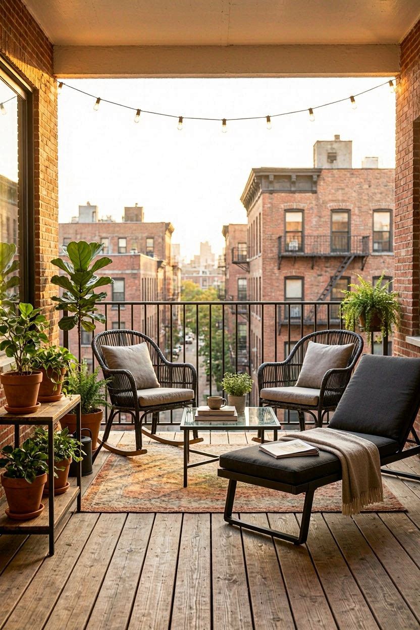 Beautiful balcony transformed with tiered plant stand, rocking chairs, lounge chair and solid wood seating set in a cozy USA apartment outdoor space