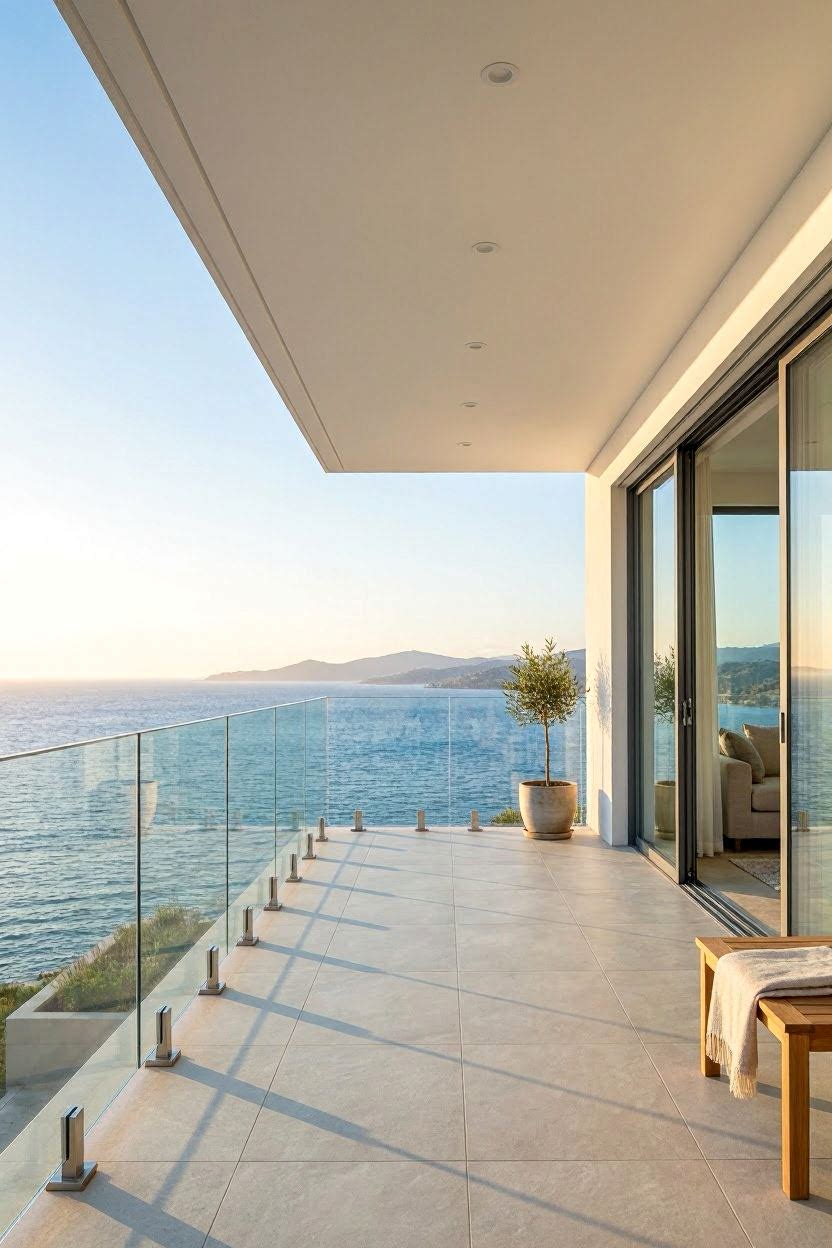 13 Balcony Glass Railing Design Ideas — hero shot of a frameless glass railing balcony with ocean view