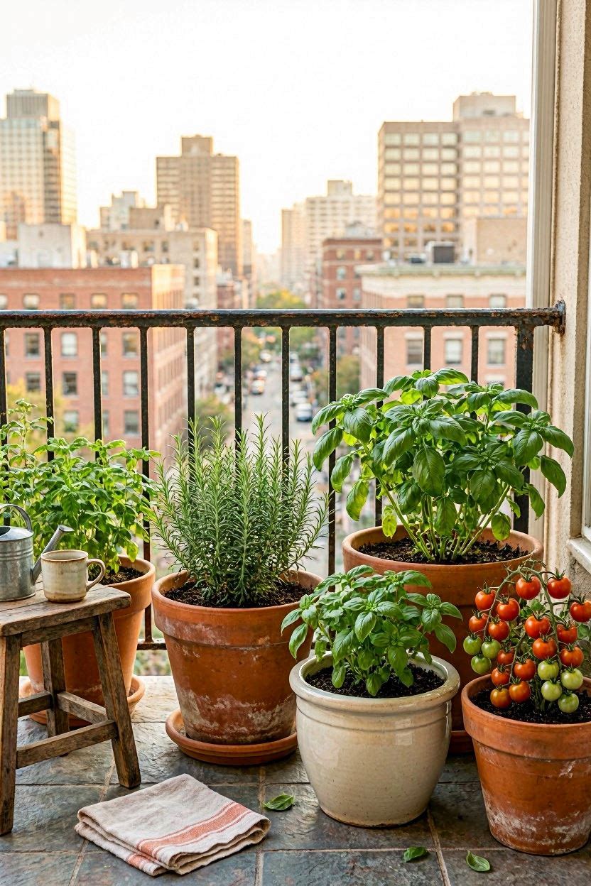 Lush balcony herb garden with terracotta pots and trailing plants