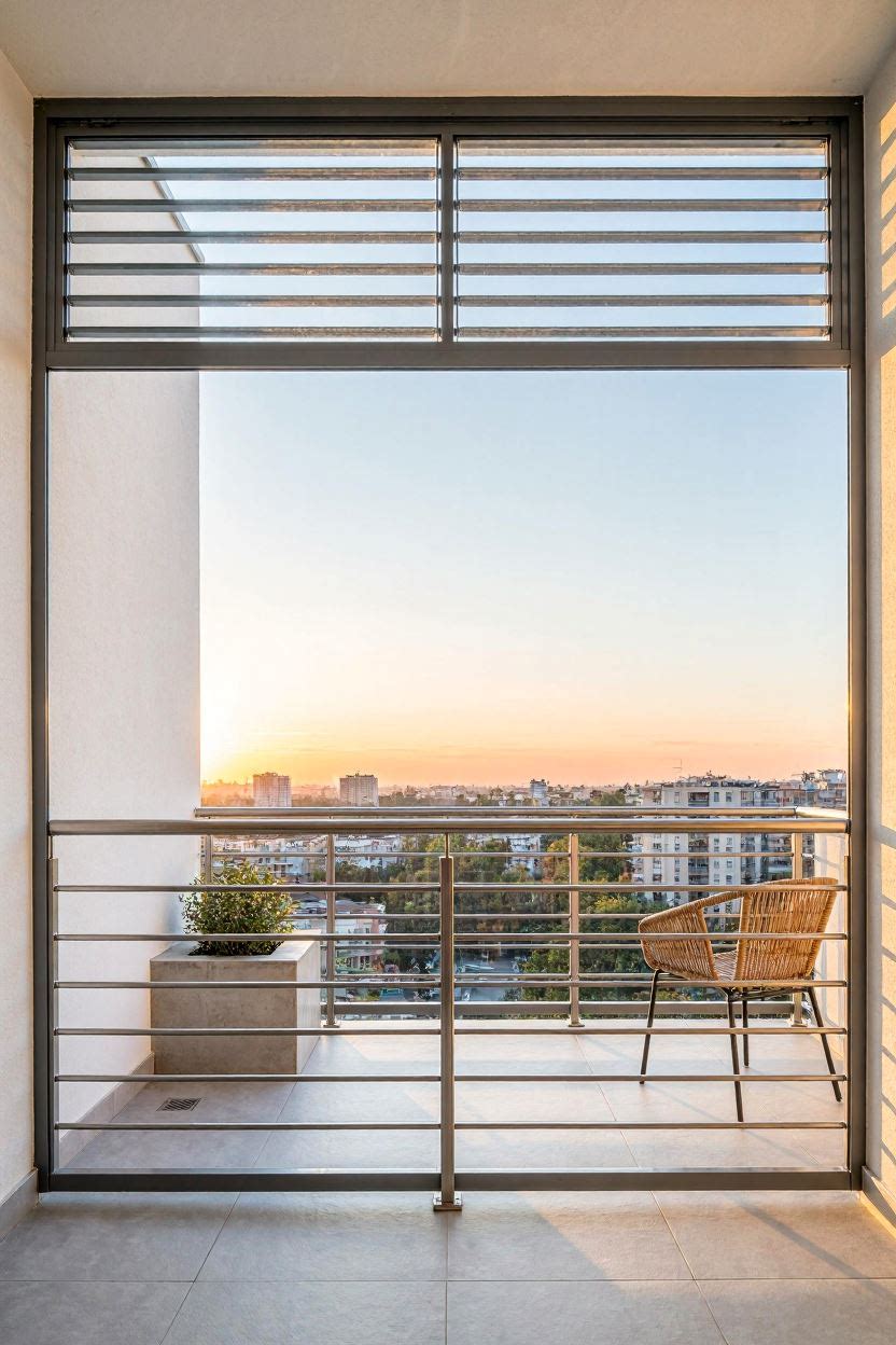 Wide modern apartment balcony with sleek horizontal black steel bar railing and grey tile flooring