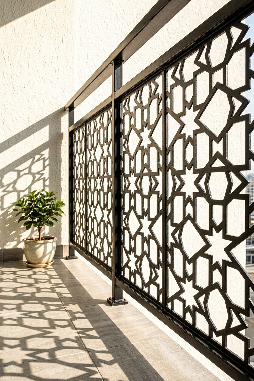 Decorative black laser-cut geometric metal grill panels on an apartment balcony with arabesque pattern