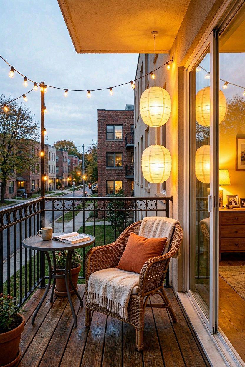 Cozy balcony decorated with warm string lights and lanterns at dusk