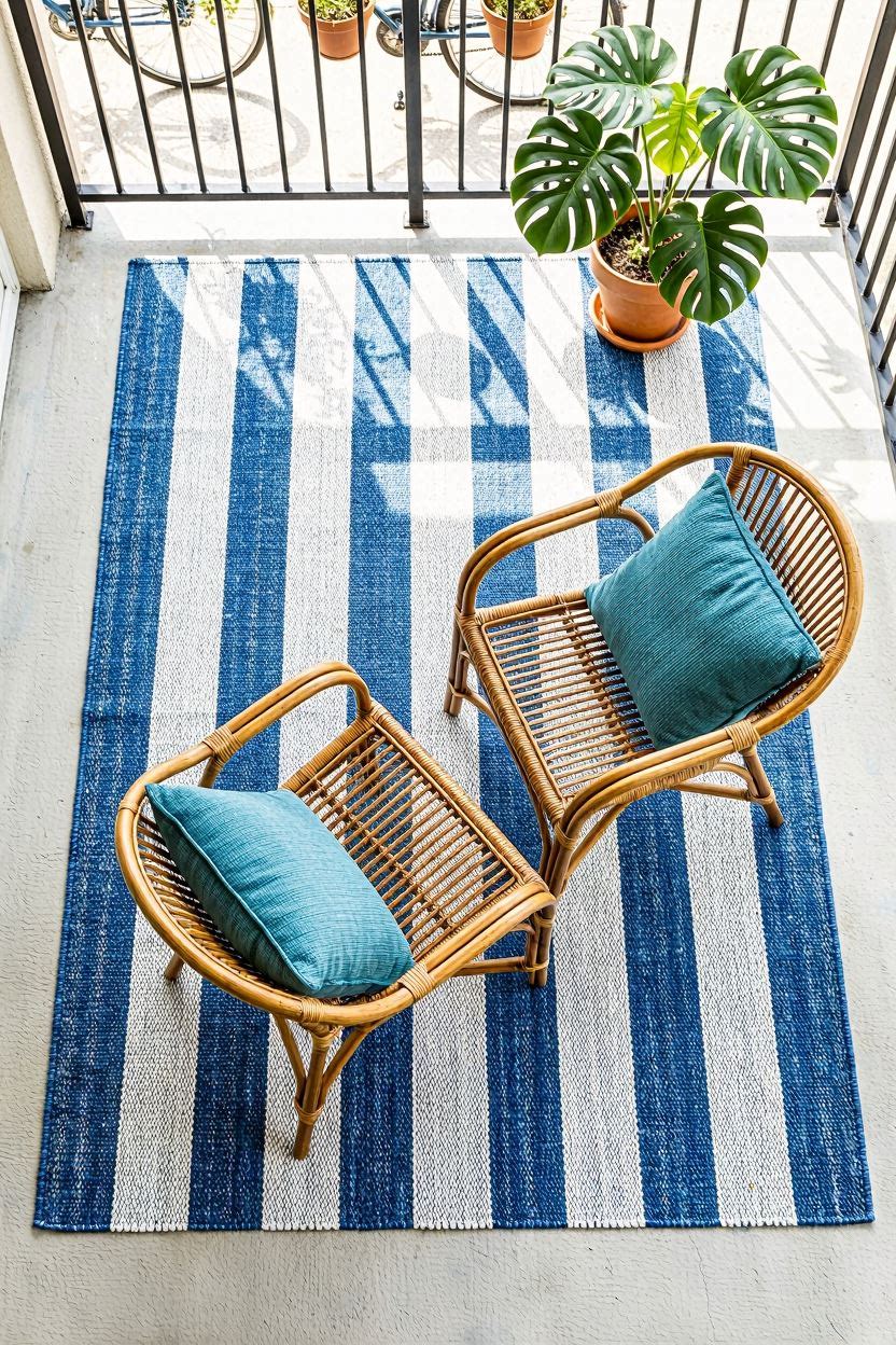 Colorful striped outdoor rug on a balcony floor with rattan furniture and tropical plants around it