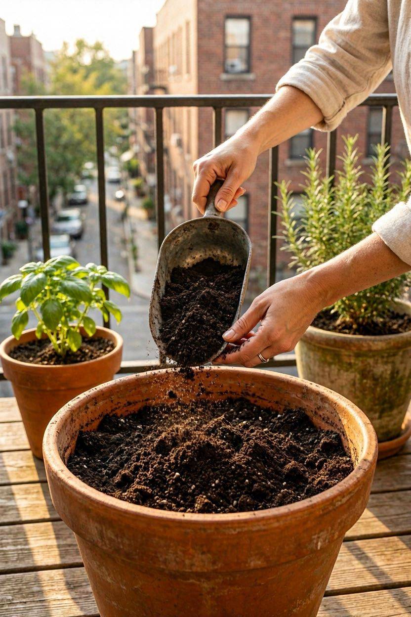 Filling a large balcony pot with well-draining potting mix before planting