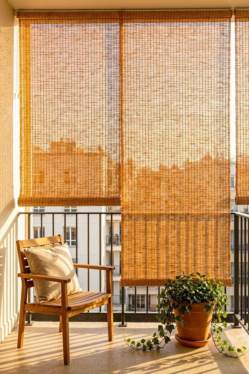 Stylish apartment balcony with bamboo roll-up privacy screen in warm afternoon light