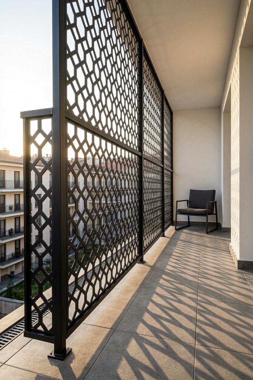 Modern apartment balcony with decorative laser-cut black metal safety grill panels and a single chair