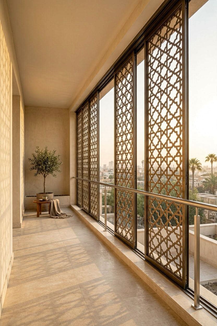 Apartment balcony with large sliding laser-cut arabesque bronze metal screen panels creating shade and privacy