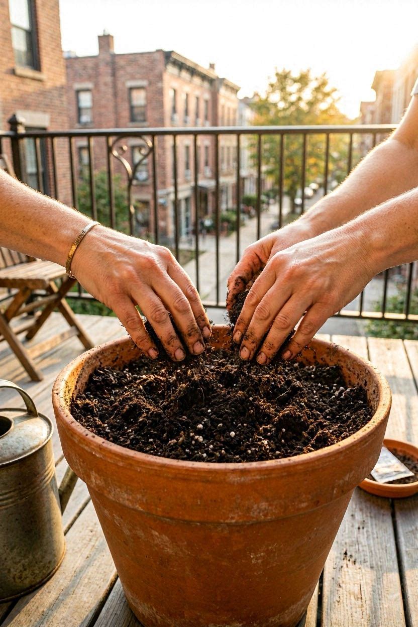 Filling a balcony container with potting mix and setting up drainage