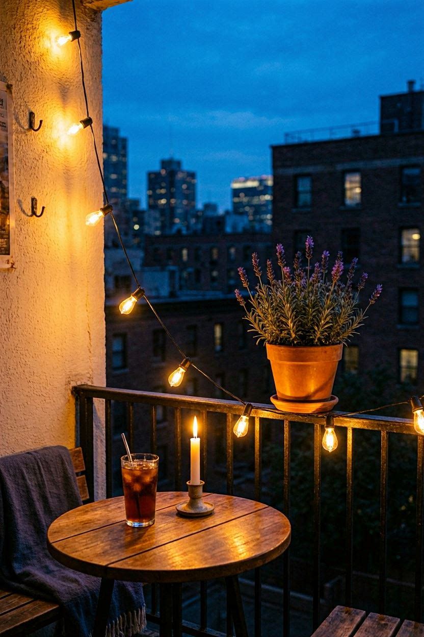 Warm string lights draped across a cozy balcony railing above a small wooden table with candles
