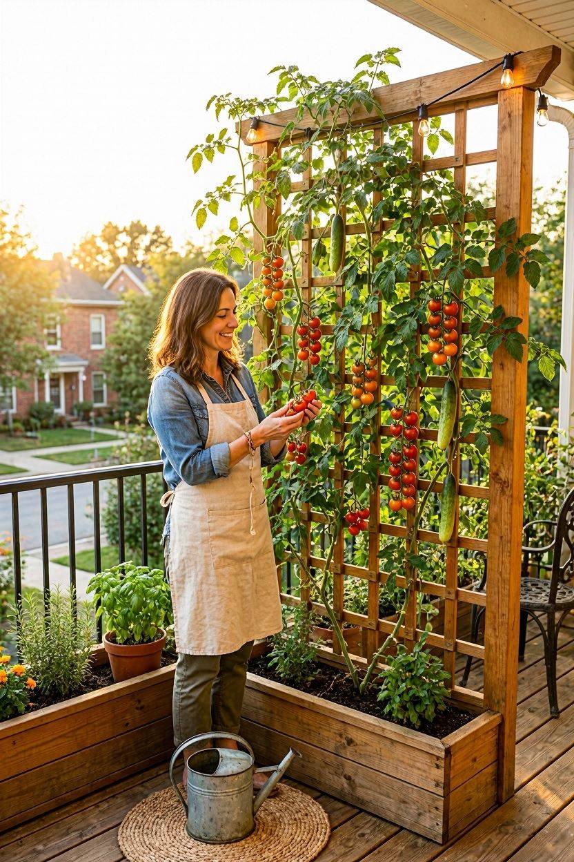 Balcony trellis with tomatoes and cucumbers growing vertically in small space garden