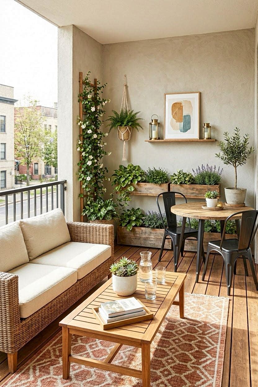 Lush vertical planter wall on a sunny balcony filled with trailing pothos and colorful succulents