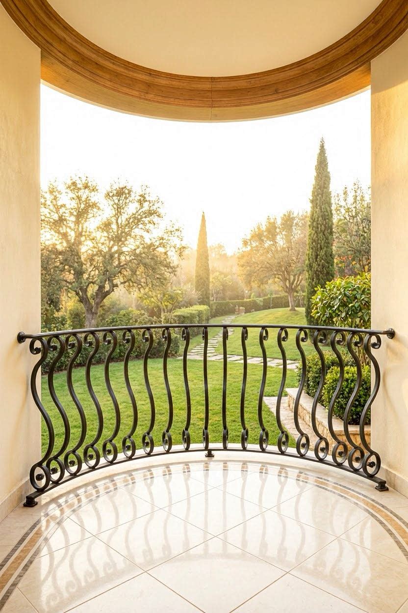 Curved balcony with artistic wavy wrought iron railing spindles and warm marble-look tile floor