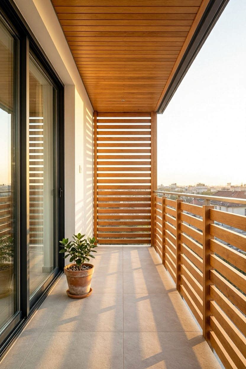 Long apartment balcony with warm timber horizontal louvre slats as railing and matching wood-clad ceiling