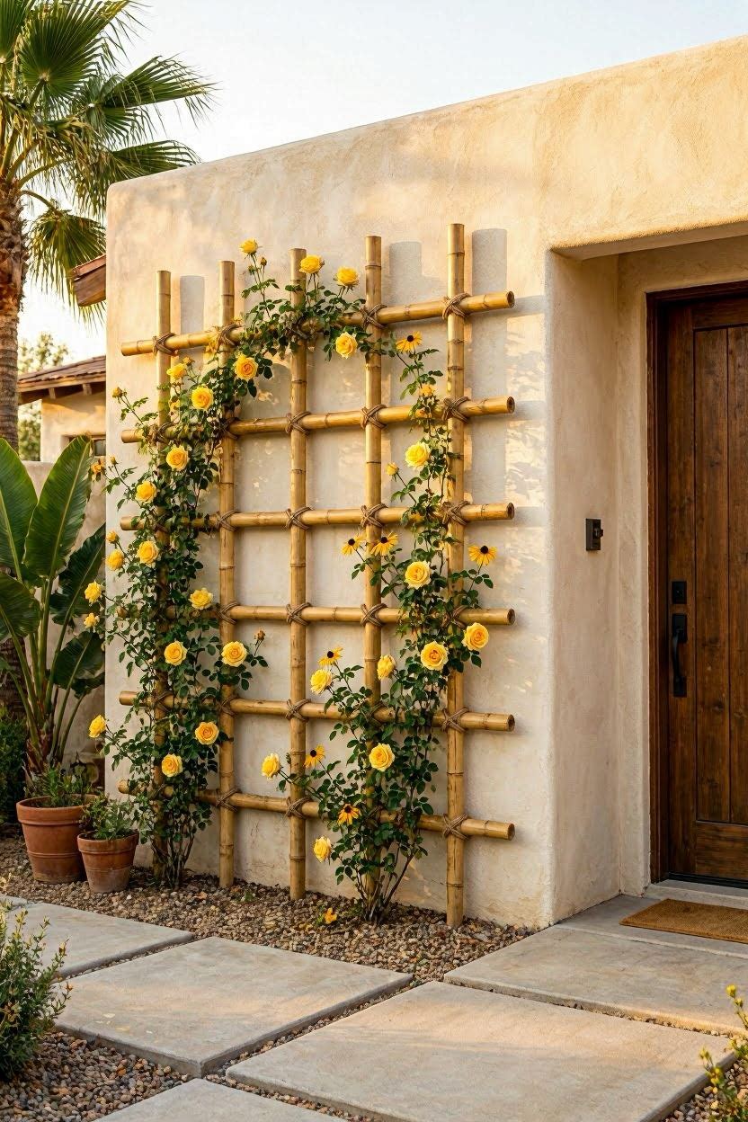 Natural bamboo pole grid trellis mounted on beige stucco wall with yellow climbing roses and tropical greenery beside a wooden front door at sunset