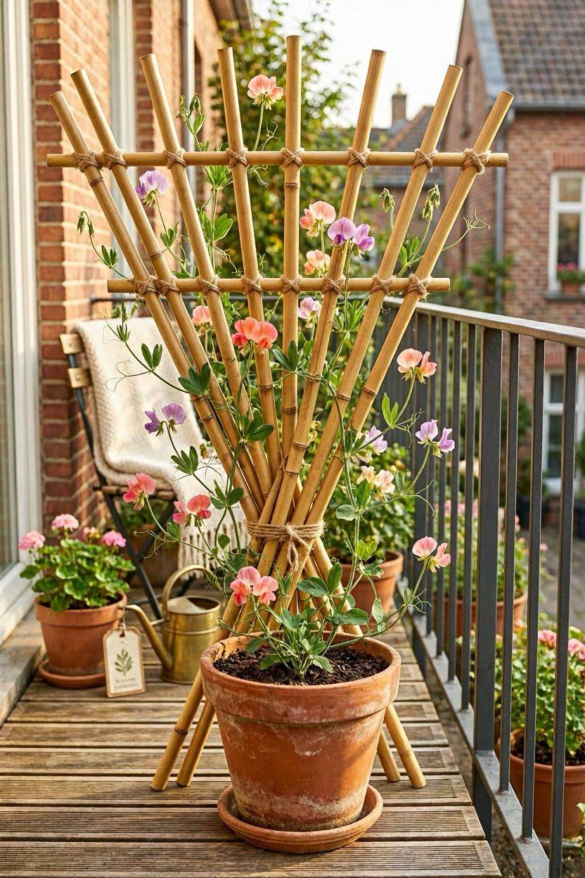 Bamboo pole trellis tied in a fan shape on a small apartment balcony
