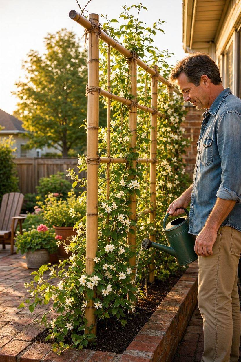 Bamboo pole trellis for backyard privacy screen