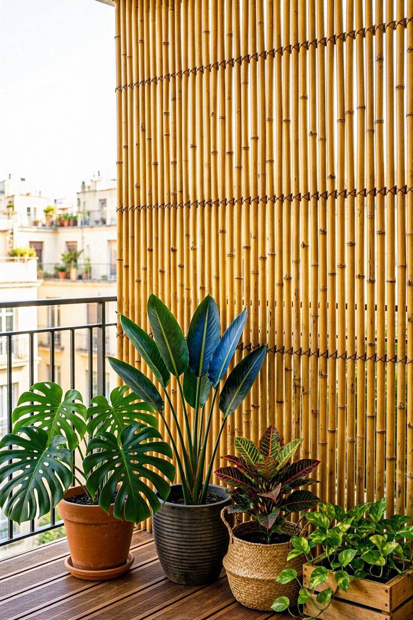 Bamboo privacy trellis screen on an apartment balcony