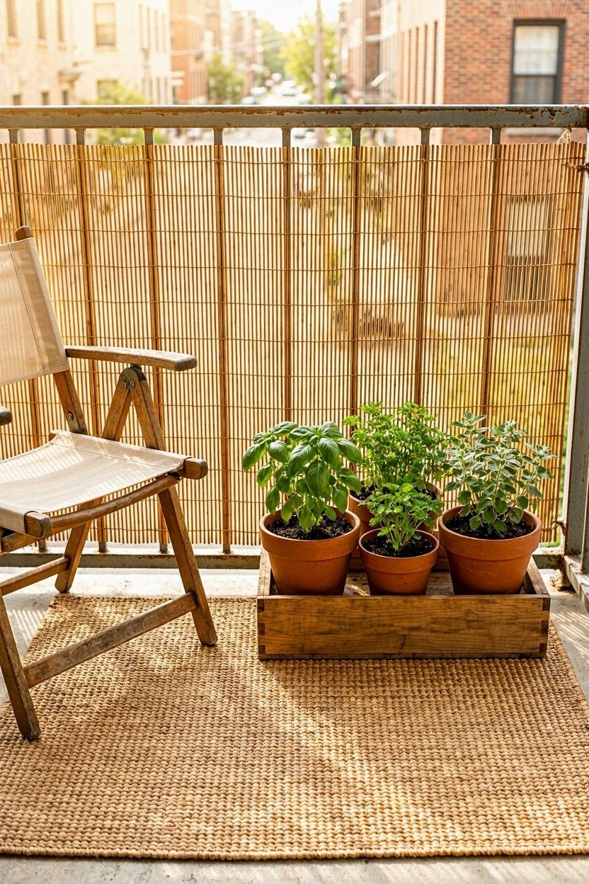 Bamboo reed screen rolled and attached to a balcony railing for natural privacy