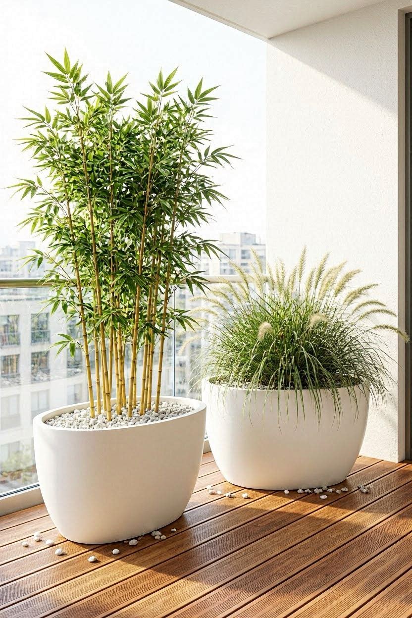 Bamboo reed roll-up blinds hanging from apartment balcony ceiling for privacy in city