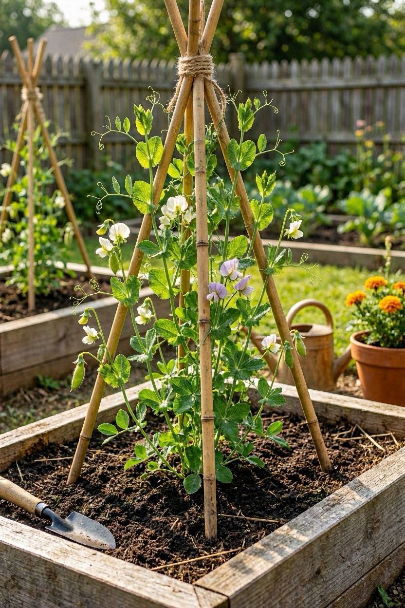 Bamboo teepee trellis with pea vines wrapping up the poles in a raised garden bed
