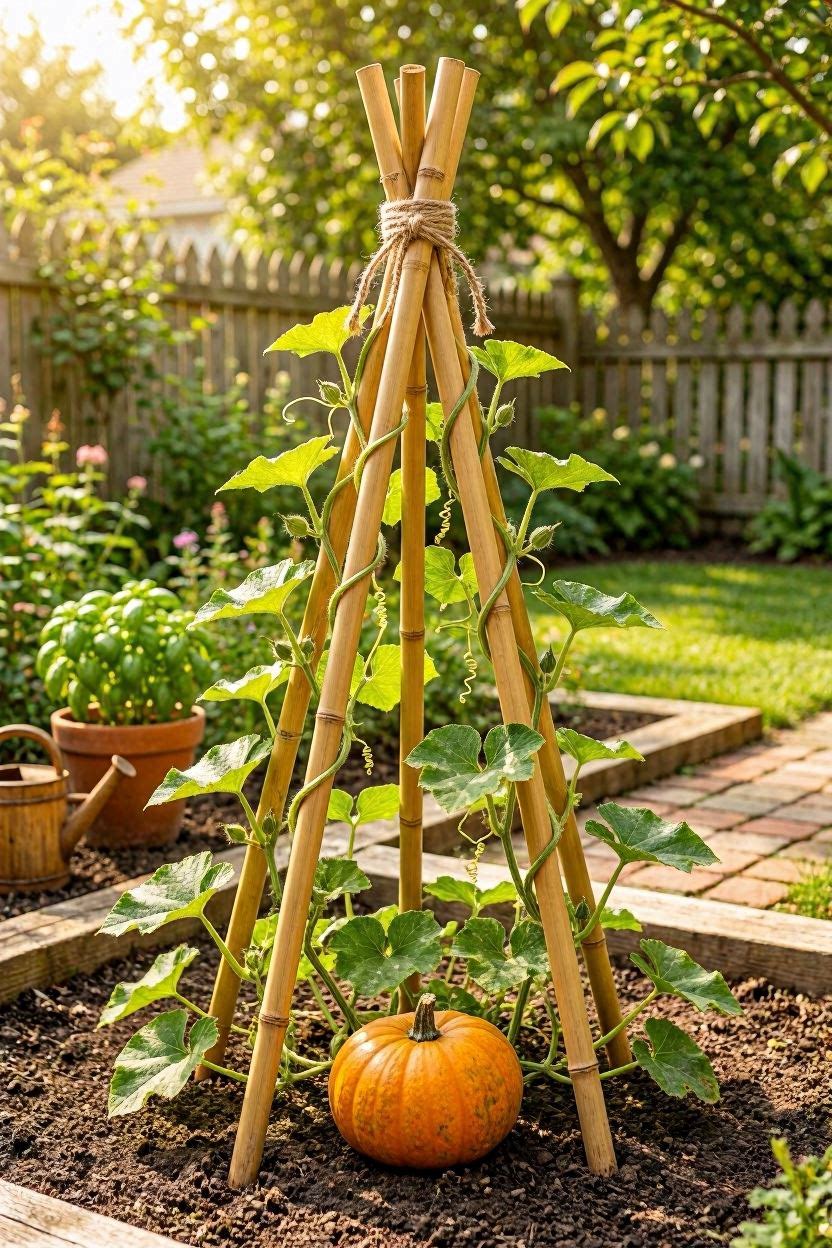 A bamboo teepee trellis with pumpkin vines climbing up the poles in a sunny backyard garden bed