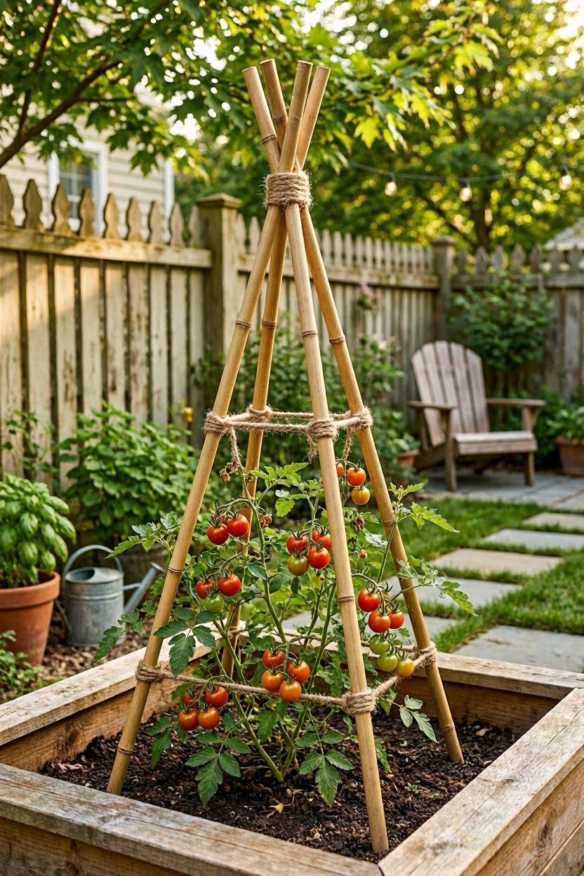 Three-pole bamboo teepee trellis tied at the top with jute twine in a small raised garden bed with cherry tomato plants