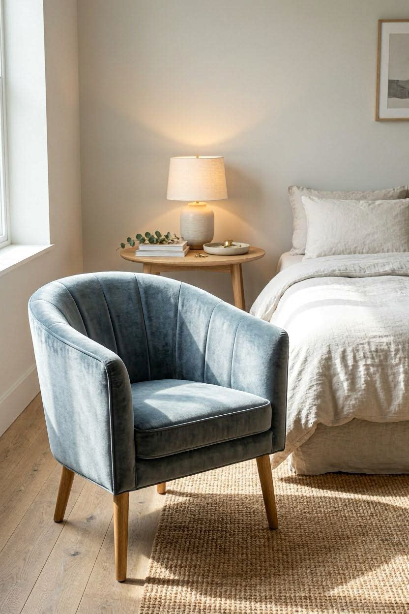 Barrel accent chair in a modern USA bedroom interior