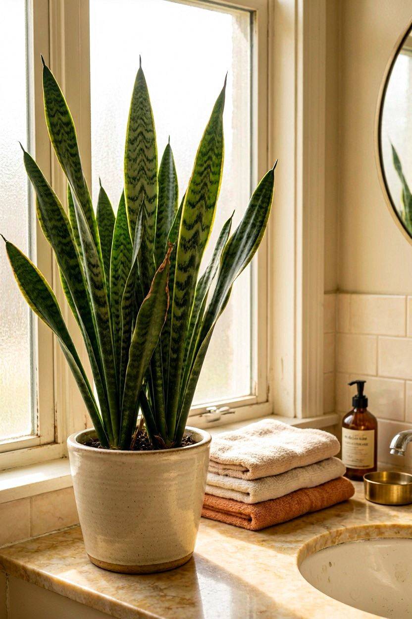 Snake plant in ceramic pot on guest bathroom windowsill