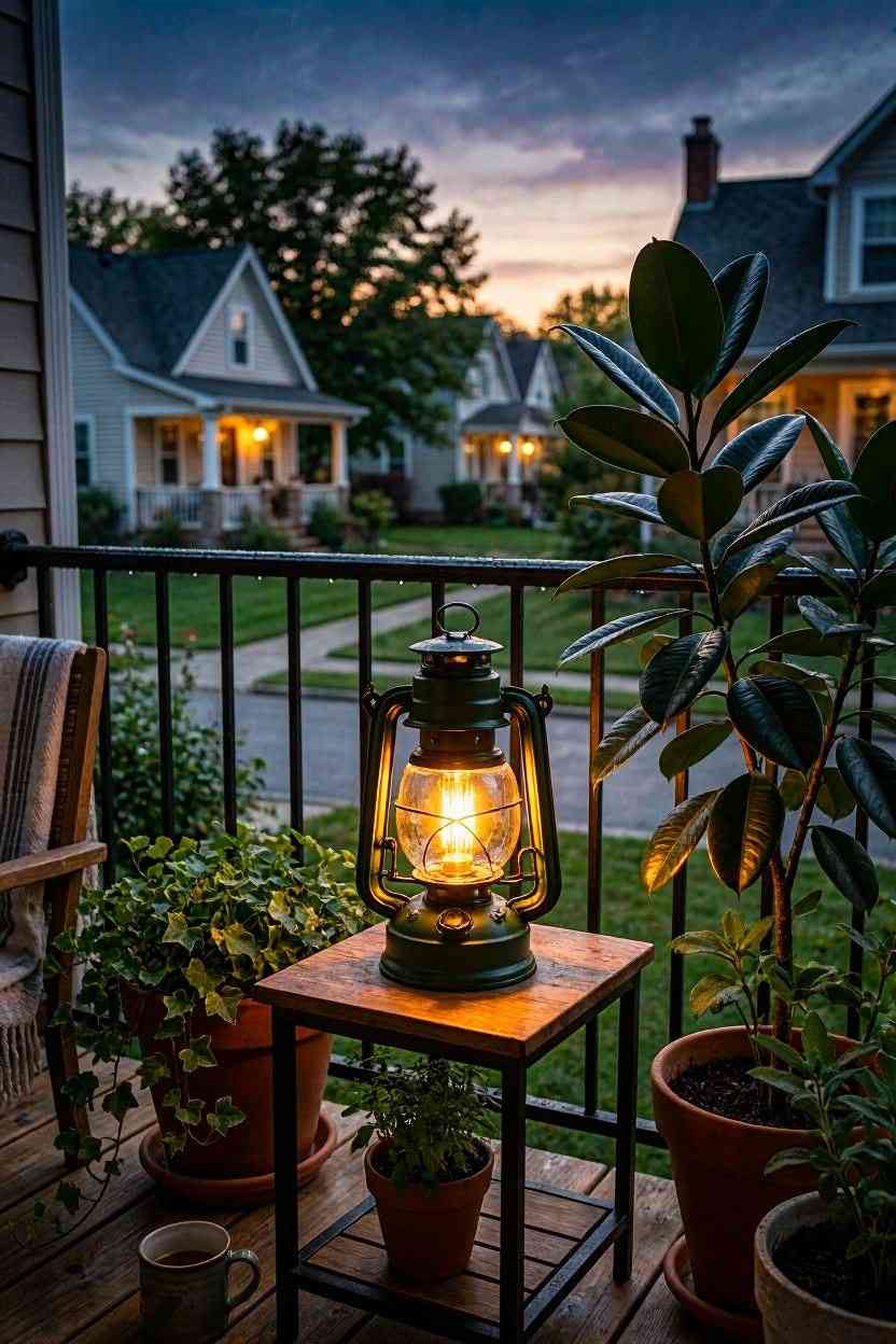 Battery-operated lantern placed on a plant stand for cordless balcony lighting