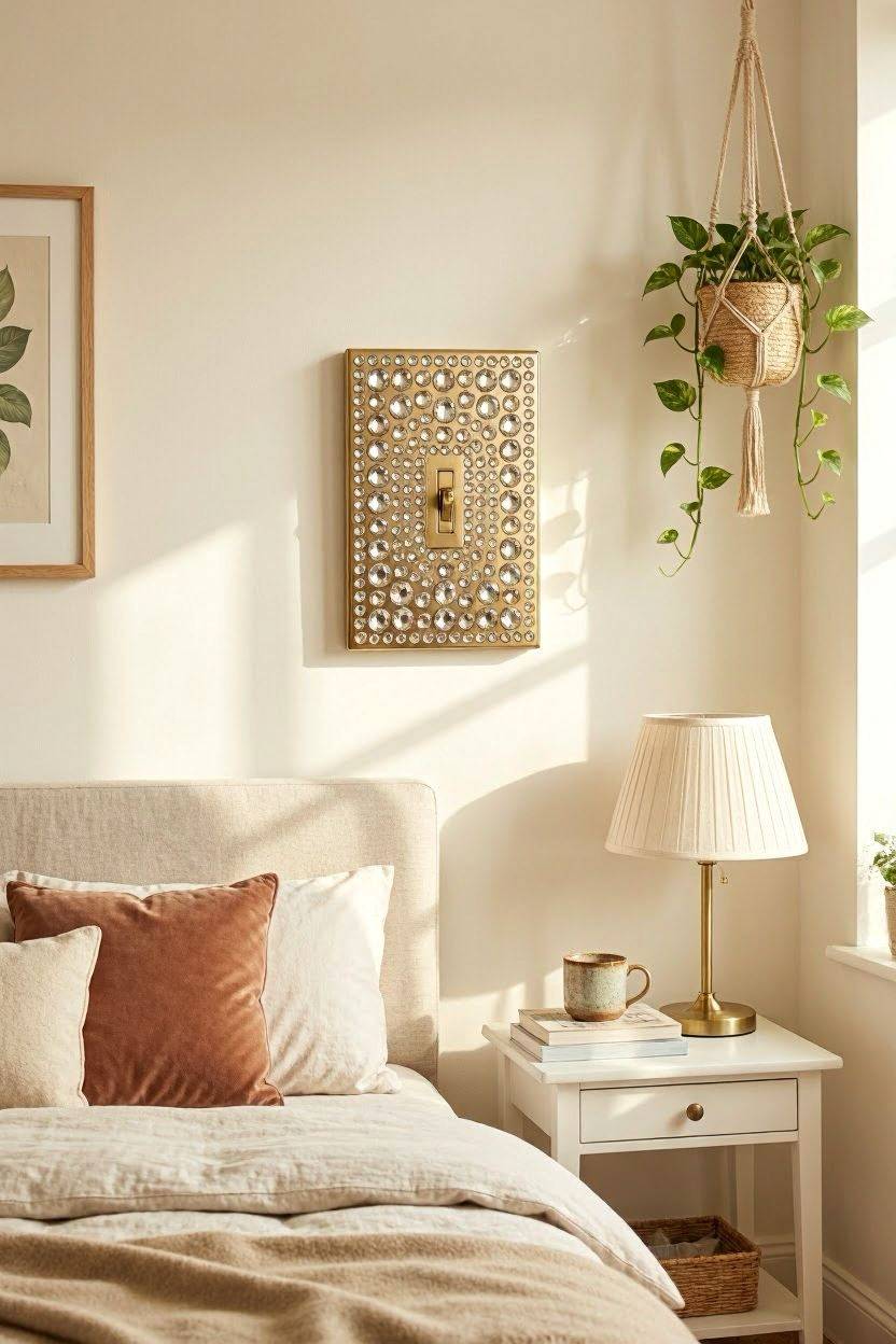 Bedazzled light switch plate covered in rhinestones on a bedroom wall