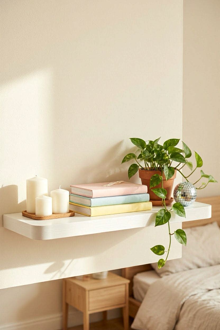 Bedroom shelf styled with aesthetic objects, candles, books and small plants