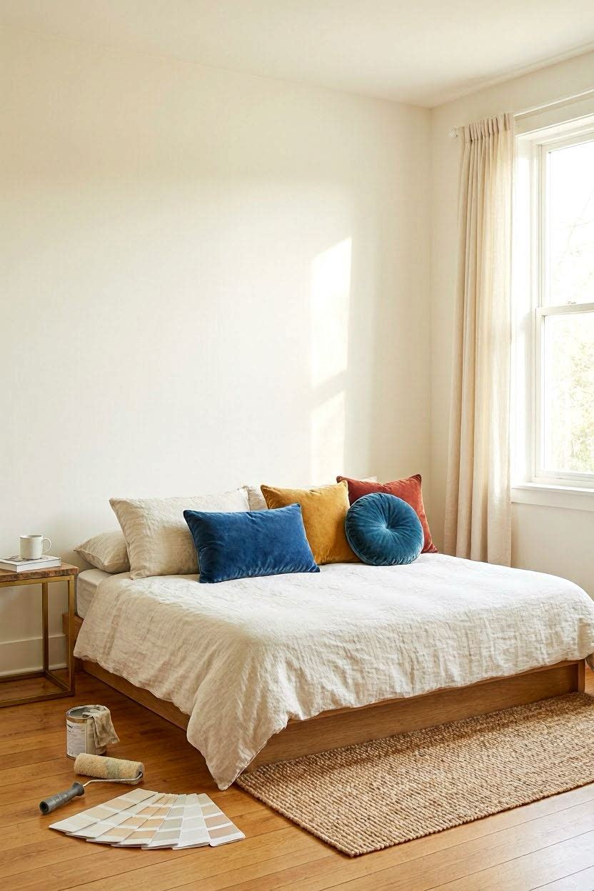 Bedroom wall painted in soft warm white with colorful pop accents on furniture