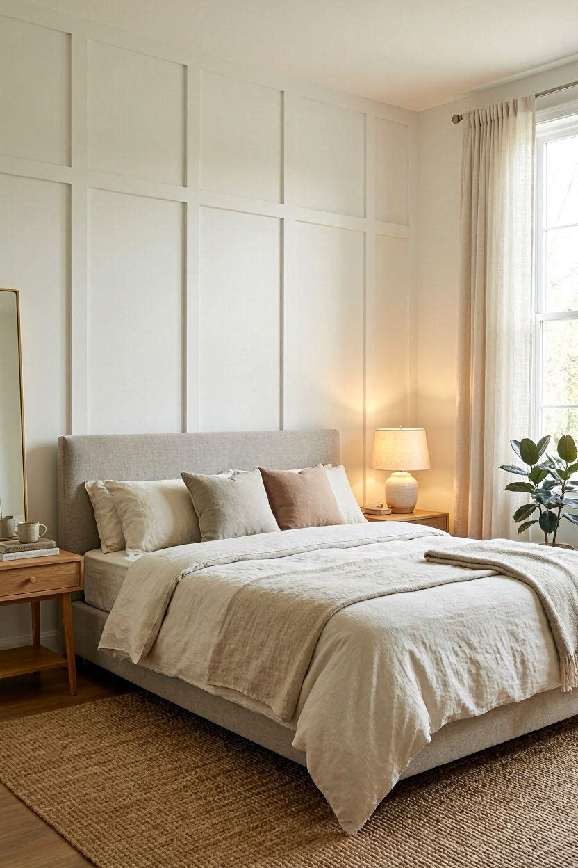 DIY board and batten wainscoting wall in a modern bedroom painted soft white