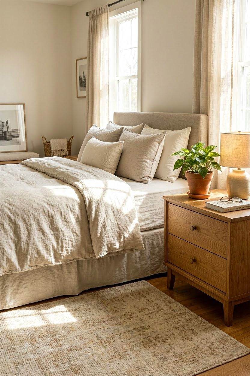 Cozy bedroom decor ideas hero shot with warm lighting and layered bedding